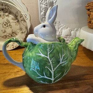 Pier 1 Imports Bunny Rabbit In Cabbage Teapot Cottage Core Whimsy Spring Easter